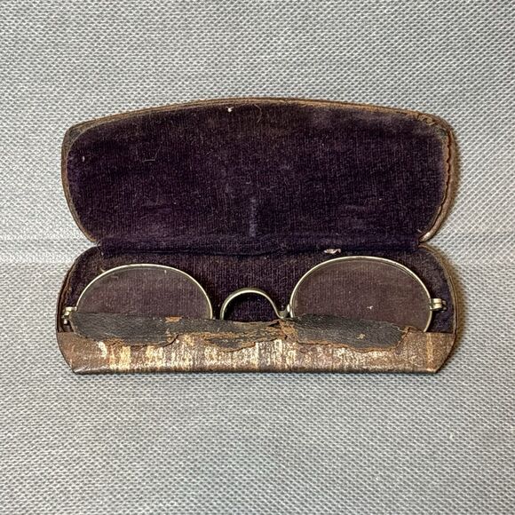 Lot 2 Antique 1900s Eyeglasses Gold Round Wire Frame Spectacles w/Case Edwardian - Picture 15 of 15